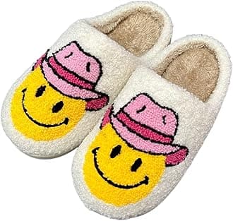 KEYUSHOP Happy Face Slippers for Kids Smile Face House Slippers Soft Plush Warm Preppy Slipper Anti-Slip Winter Fuzzy House Shoes for Toddler Girls