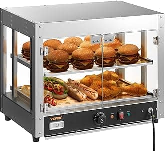 VEVOR 110V 24-Inch Commercial Food Warmer Display, 2-Tier 800W Electric Pizza Warmer Display 86-185℉, Tempered-Glass Door Pastry Display Case, Restaurant Heated Cabinet
