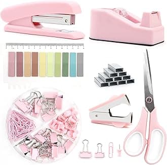 Pink Office Supplies, UPIHO Pink Desk Accessories, Stapler and Tape Dispenser Set for Women with Stapler, Tape Dispenser, Staple Remover, Staples, Clips, Scissor and Tabs,Gift for Students, Coworkers