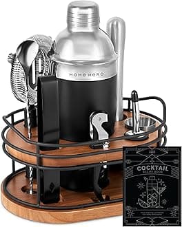 Home Hero Elegant Bartender Kit with Wooden Stand, Premium Bar Set & Cocktail Shaker, Gift for Home Bar and Cocktail Enthusiasts, Essential Bar Accessories with Recipe Book (10 Pcs - Silver)