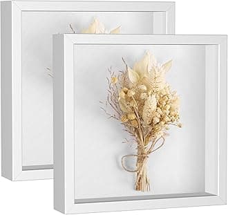 Califortree 8x8 Shadow Box Frame with Soft Linen Back - Metal Push Pins Included, Memory Shadow Box Display Case for Bouquet Awards Medals Wedding Photos and More, White, 2 Packs