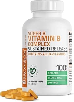 Bronson Vitamin B Complex Sustained Slow Release (Vitamin B1, B2, B3, B6, B9 - Folic Acid, B12) Super B Contains All B Vitamins, Non-GMO, 100 Tablets