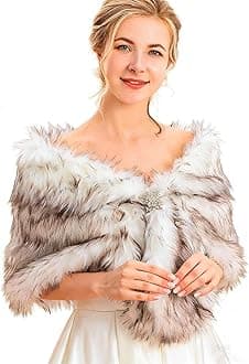 Aukmla Women's Wedding Fur Wraps and Shawls Bridal Fur Stoles Scarf with Rhinestones Brooch for Bride and Bridesmaids