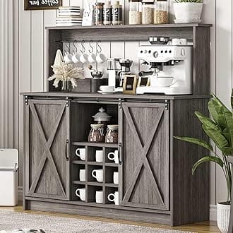 4ever2buy Farmhouse Coffee Bar Cabinet with Hutch and 6 Hooks, 47 Inch Wine Bar with Storage, Buffet Cabinet with Adjustable Shelves&9 Wine Racks, Kitchen Buffet Cabinet for Dining Living Room, Grey
