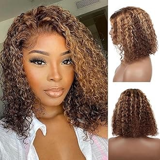 Wear and Go Glueless Wigs Human Hair Pre Plucked Pre Cut Highlight 4/27 Deep Wave Wig for Black Women Human Hair Bob Wig with Elastic Band Upgraded 4x4 Lace Closure Wigs (8Inch)