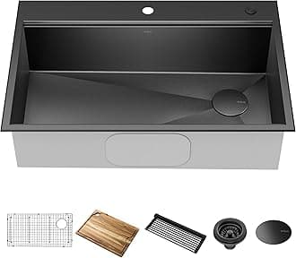 Kore Workstation 33-inch Top Mount Drop-In 16 Gauge Black Stainless Steel Single Bowl Kitchen Sink in PVD Gunmetal Finish with Accessories, KWT310-33/PGM