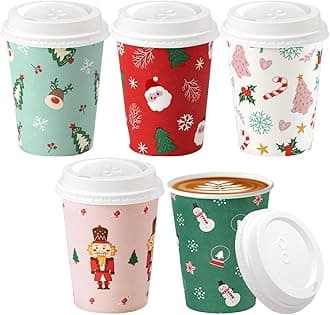50 Pack 8 oz Christmas Disposable Coffee Cups with Lids, Premium To Go Paper Cups, Leak Proof Hot Coffee Cups for Travel, Office, Hot/Cold Beverages (White Lids)