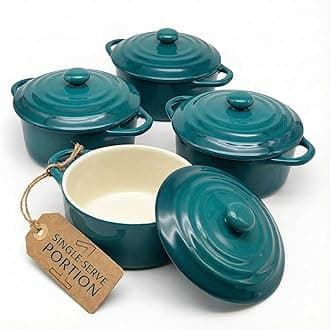 Ceramic Mini Cocotte Set, Small Casserole Dishes with Lids and Handles, Individual Baking Ramekins, Oven, Microwave & Dishwasher Safe, Stoneware, 12 oz, Set of 4