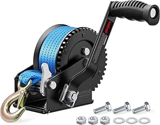 Kolvoii 1200 lbs Boat Trailer Winch with Strap, Portable Hand Winch, 2-Way Ratchet 4:1 Gear Ratio for Boat, Trailer, Marine and Jet Ski, 26FT Strap, Blue