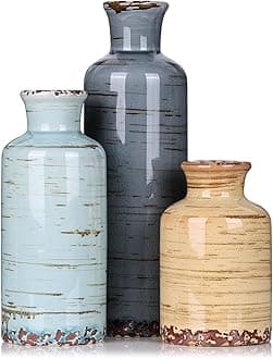 Ceramic Vase Set - 3 Small Flower Vases Home Decor, Modern Rustic Farmhouse Pottery Vases for Centerpieces, Living Room, Kitchen, Shelf, Bedroom, Bathroom, Fireplace, Table Shelf and Entryway Decor