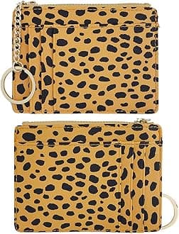 Women Slim Leather Card Case Holder Small Wallet Cute Coin Purse Girl Mini Wallet with Keychain (Leopard Yellow)
