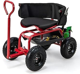 Giantex Rolling Garden Cart, 360 Swivel Workseat with 4 Wheels, Removal Cushion & Tool Tray, Storage Basket, Gardening Wagon Scooter with Adjustable Height, Handle (Red)
