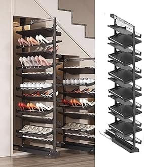 Pull-Out Shoe Rack Organizer for Closet Shoe Cabinet,Adjustable Height Retractable Metal Stackable Shoe Rack, Vertical Shelf Organizer for Small Bedroom Closet, Space Saving Storage, Black(43cm,13 Tie
