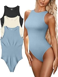 FUNNYBSGFUNNYBSG Women’s Sexy Ribbed Bodysuit Tops - 3 Piece Sleeveless Halter Neck Bodysuits with Tummy Control (Color : Black Beige Blue, Size : M)