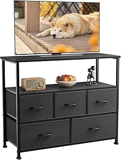 DUMOS TV Stand Dresser for Bedroom with 5 Fabric Drawer,Entertainment Center for 45 inch Television, Media Console Table with Storage, Open Shelf, Adjustable Feet, Living Room Furniture, Black