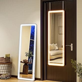 Door Mirror Full Length with Lights,Tempered Glass 16"x48" Led Full Length Mirror with Dimming & 3 Color Lighting,Door Hanging & Standing Ideal for Bedroom, Dressing Room, Cloakroom Rectangle