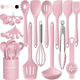 Umite Chef Kitchen Utensils Set, 22Pcs Silicone Cooking Utensils Set, Heat Resistance Silicone Ktchen Spatulas Set with Holder, Cooking Gadgets Tools Set for Nonstick Cookware, Dishwasher Safe(Pink)