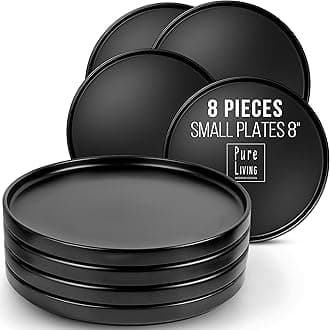 Breakfast Plates Set of 8 Manhattan in Black - Premium Stoneware for Dishwasher, Microwave - Stylish Black Plate Set Matt - Pure Living Crockery