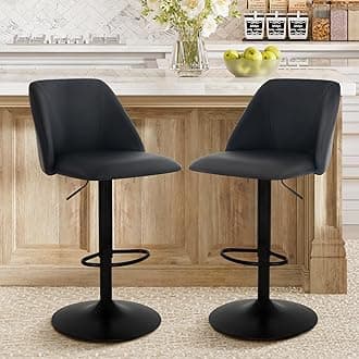 COLAMY Bar Stools Set of 2, Modern Swivel Bar Chairs, Adjustable PU Leather Upholstered Barstools Counter Height with Full Backrest for Bar, Dining Room, Kitchen Island, Black