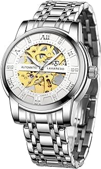 Mens Watch Skeleton Luxury Mechanical Stainless Steel Waterproof Black Automatic Self-Winding Roman Numerals Diamond Dial Wrist Watch