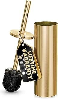 Gold Toilet Brush and Holder Set - Brushed Stainless Steel Gold Toilet Bowl Brush and Holder with Replaceable Head, Removable Inner Bowl, and Splash Protection - Dense Bristles for Thorough Cleaning