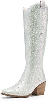 DREAM PAIRS Womens Cowboy Boots Wide Calf Comfortable Pull On Zipper Chunky Heel Pointed Toe Embroidered Western Cowgirl Knee High Boots Girls Ladies Retro Tall Boot