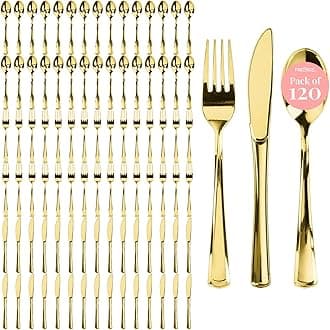 Prestee 120 Cutlery Set - Gold Plastic Silverware Set of 40 Forks, 40 Spoons, 40 Knives - Heavy Duty Plastic Utensils and Disposable Flatware - Elegant Knives Spoons and Forks Set for Events