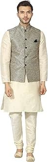 Uri and MacKenzie Men's Silk Blend Regular Kurta Churidar Pyjama with Bundi Nehru Jacket/Waistcoat