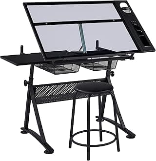 Drafting Table w/Stool Height Adjustable Multifunctional Art Craft Artists Desk Tilting Glass Tabletop Diamond Paintings Work Station w/2 Storage Drawers for Home Office