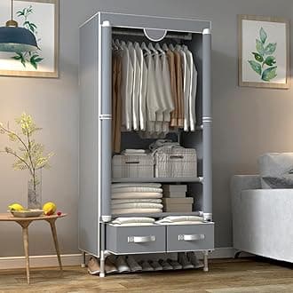 Portable Canvas Wardrobe with 2 Drawers, Portable Closet with Hanging Rail and Wardrobe Shelves, 75x45x170cm Wardrobe for Bedroom, Grey