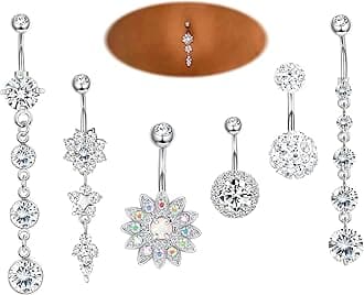 3-6Pcs 14G 316L Stainless Steel Belly Button Rings for Women Flower CZ Dangle Belly Button Rings Navel Piercing Jewelry