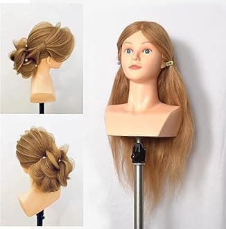 22 inch 100% Human Hair Mannequin Head Manikin Cosmetology Heads Practice Braiding Styling Training Coloring Bleaching Dyeing Curling Cutting Updos