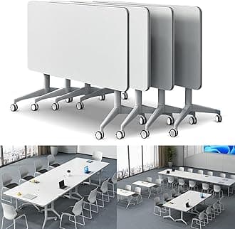 Folding Conference Table Modern Large Mobile Meeting Table Rolling Conference Room Tables with Wheels Seminar Tables for Office Training Classroom (4, White, 70.9" D X 23.6" W X 29.5" H)