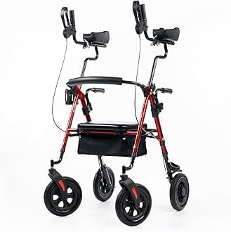 ELENKER All-Terrain Upright Rollator Walker, Stand Up Rolling Walker with 10’’Big PU Wheels and Adjustable Padded Armrests for Seniors from 4’8”to 6'4”, Red