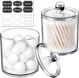 SheeChung 2 Pack Qtip Dispenser Apothecary Jars Bathroom With Labels - Holder Storage Canister Clear Plastic Acrylic Jar for Cotton Ball, Swab, Q-tips, Rounds (Small)
