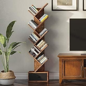 Solid Sheesham Wood Corner Book Shelf Wooden | Bookshelf for Home | Tree Book Shelf | Bookcase with Open 8 Shelf & One Drawer Storage | Tall Display Unit Book Stand | Rosewood, Honey Finish
