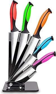 Kitchen Knife Block Set with Colour Coding - 6 Piece Coloured Knives Set - by Nouva