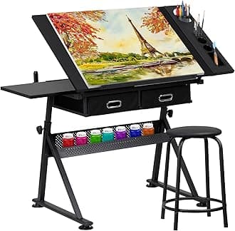 Drafting Table Drawing Desk Art&Craft Work Station Height Adjustable Tilting Tabletop Craft Table Desk w/Stool and 2 Storage Drawers for Home Office Study Room, Black
