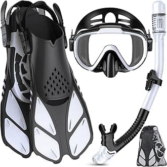 LealingaSnorkel Set Adult with Flippers, Anti-Fog Diving Set, Dry Snorkel, Adjustable Flippers, Snorkelling Packages for Men and Women