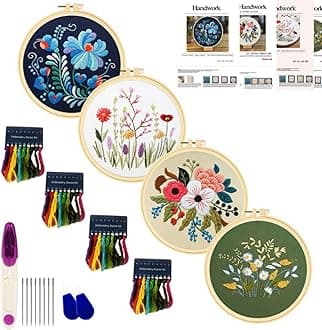 SKEIDO 4 pack DIY Stamped Embroidery Kit For Starter Flowers Pattern Embroidery Cloth Color Threads Tools Kit 20x20cm