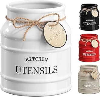 Barnyard Designs Ceramic Farmhouse Utensil Holder for Kitchen Counter, Large Rustic Utensil Crock, Countertop Cooking Tool Spatula Organizer, 6.75” (White)