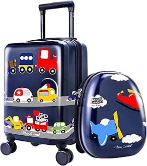 2Pcs Kids Lightweight Luggage Set, Durable Carry on Suitcase, Hard Shell Backpack, Hardside Upright Travel Trolley ABS with Spinner Wheels for 2, 3, 4, 5, 6 Year Olds Boys Children Girls