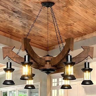 A Million Vintage 6-Lights Country Wood Chandelier, Retro Arrow Style Chandelier Light Fixture, Farmhouse Rustic Wooden Chandelier for Dining Room, Kitchen Island, Living Room, Bar, E26