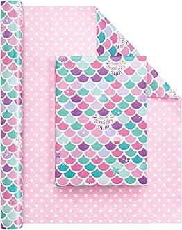 WERNNSAI Mermaid Wrapping Paper - 1 Roll 17” x 33 ft Reversible Birthday Wrapping Paper Roll Junbo Roll Mermaid Birthday Gift Wrap Kids Mermaid Party Favor Happy Birthday Wrapping Paper Polka Dot Design