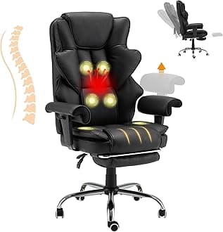 6-Point Massage Office Chair,Heating Executive Chairs,Ergonomic Home Office Desk Chairs with Retractable Footrest and Reclining Function,Leather Computer Chair with Adjustable Armrest(Black)