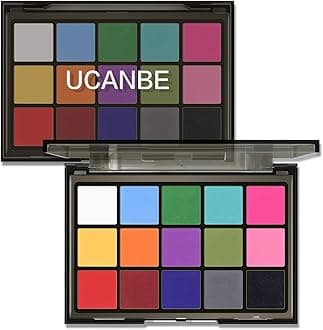 UCANBE Halloween Makeup Palette, 15 Colors Matte Black White Red Blue Green Purple Pink Eye Shadow, High Pigmented Blendable Bright & Dark Shade Pallet for Cosplay SFX Costume Stage Parties