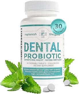Dental Probiotic, 30 Sugar Free Chewable Tablets, Mint Flavor - Vegan Supplements w/BLIS K12 & M18 - Boosts Oral Health - Fights Bad Breath (Halitosis), Tooth Decay, Strep Throat