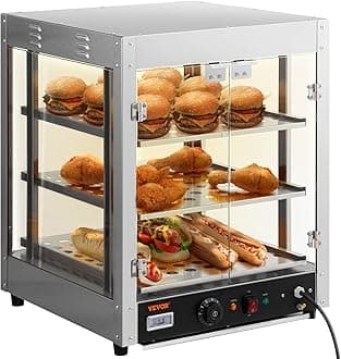 VEVOR Commercial Food Warmer Display, 3 Tiers, 800W Pizza Warmer w/ 3D Heating 3-Color Lighting Bottom Fan, Countertop Pastry Warmer w/ Temp Knob & Display 0.6L Water Tray, Stainless Frame Glass Doors