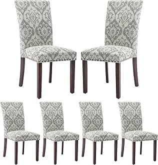 COLAMY Upholstered Parsons Dining Chairs Set of 6, Fabric Dining Room Kitchen Side Chair with Nailhead Trim and Wood Legs - Grey/White Flower