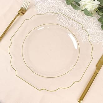 Efavormart 10 Pack | 11" Clear Hard Plastic Dinner Plates, Disposable Tableware, Baroque Heavy Duty Plates With Gold Rim